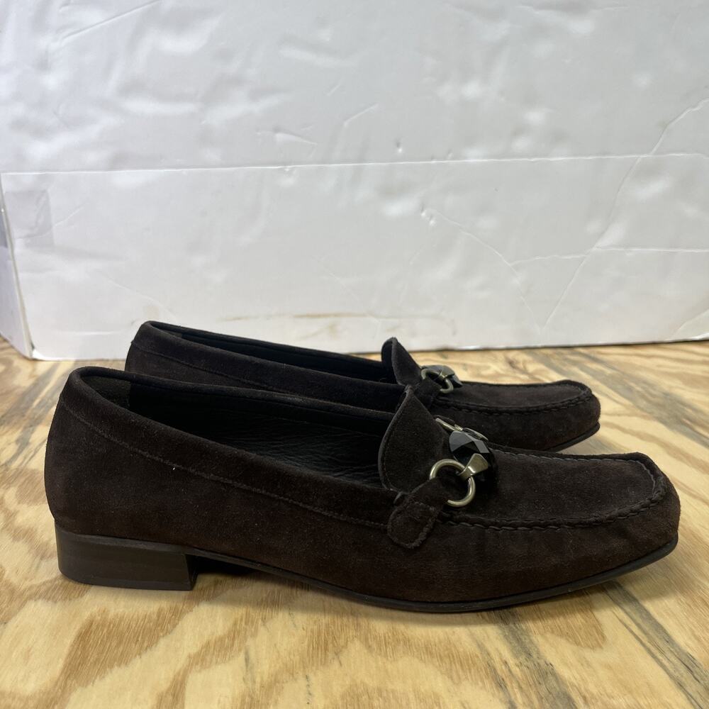 Stuart Weitzman Jeweled Suede Loafer Womens 8.5M Brown Block Heel Career Preppy